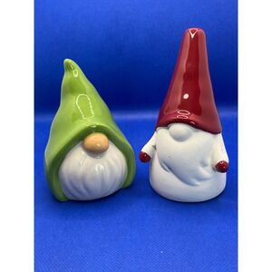 Made For Retail Ceramic Gnome Figurine Set Green and Cranberry Red 234-17-9467